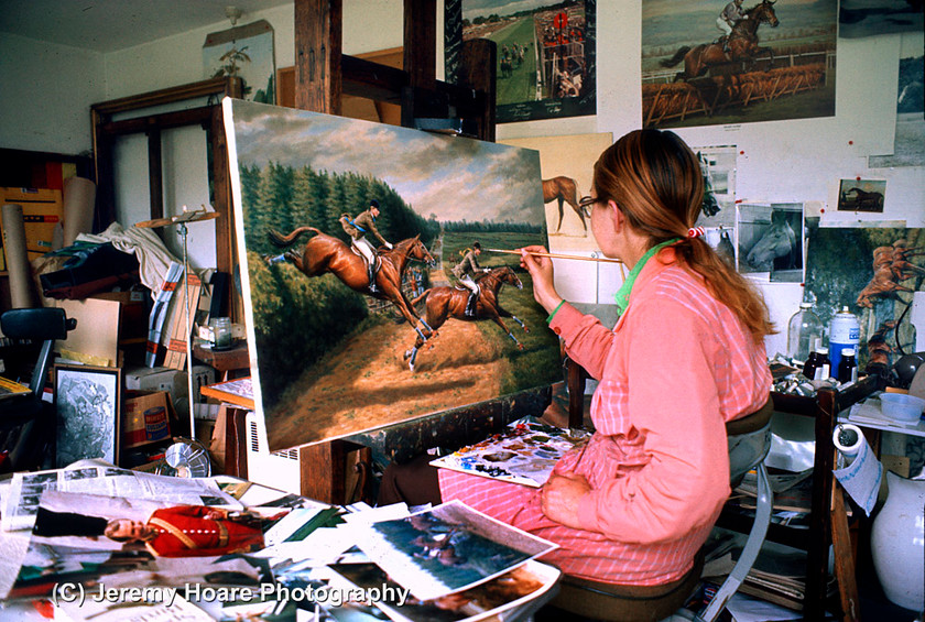 Gillian in Studio 
 Gillian E Hoare in her studio working on a painting of Princess Anne and then husband Captain Mark Phillips for the Zetland Hunt in 1976